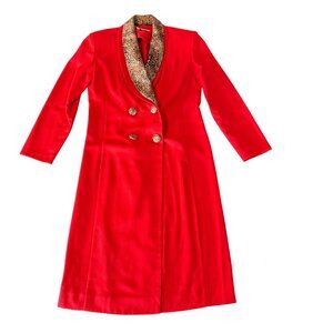 Vintage Caron Chicago‎ Red Long Coat Size 6 Leopard Print Collar Made in USA